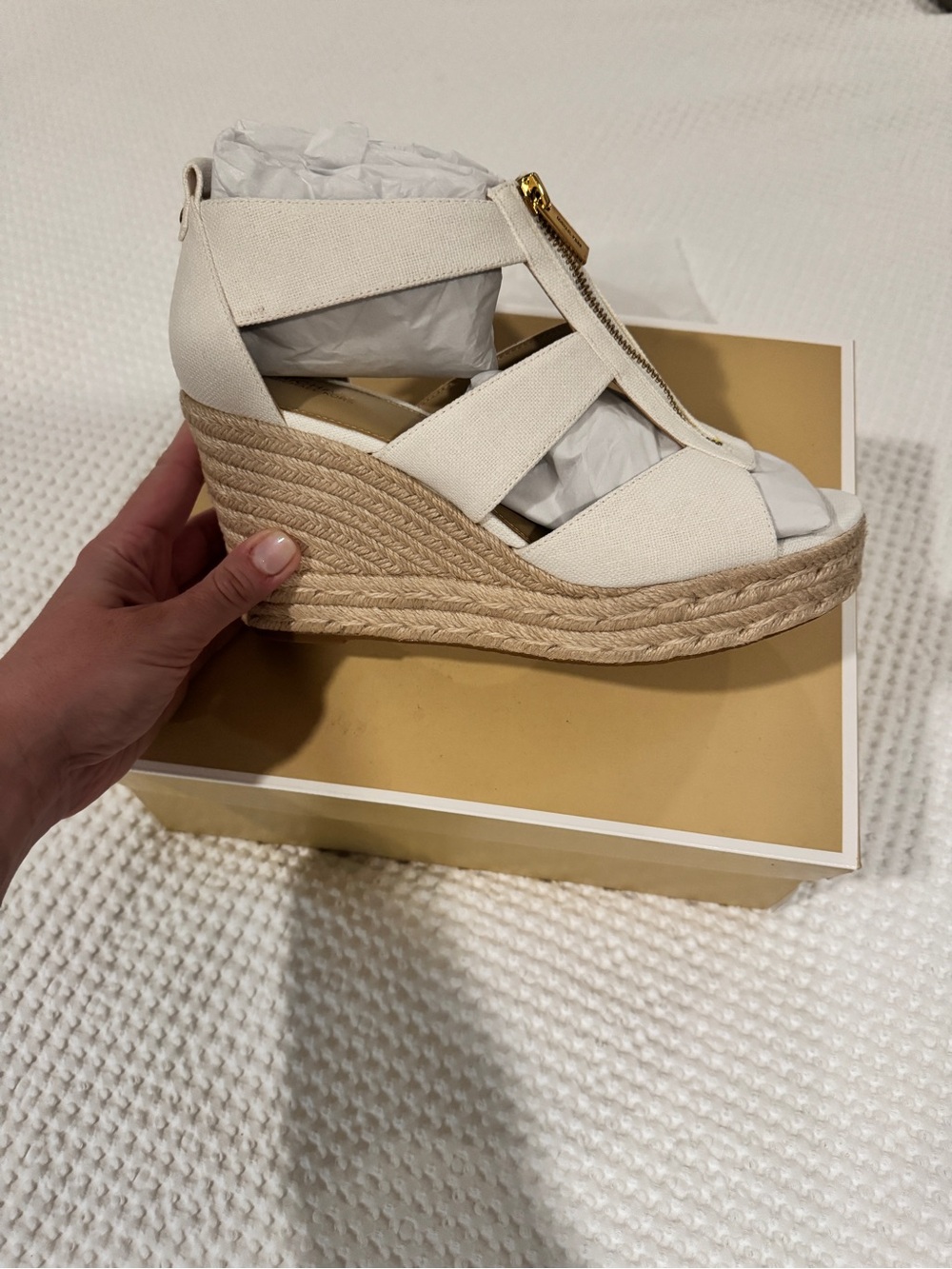 Michael Kors Ivory Canvas Espadrille Wedge Sandals with Gold Zip